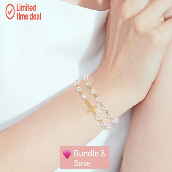 18K Gold-Plated Pearl Cross Rosary Bracelet, Hypoallergenic, 6.7" - Picture 8 of 8